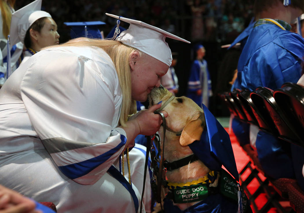 College of Southern Nevada High School student Sydney Hansen kisses her yellow lab, Boswell, af ...