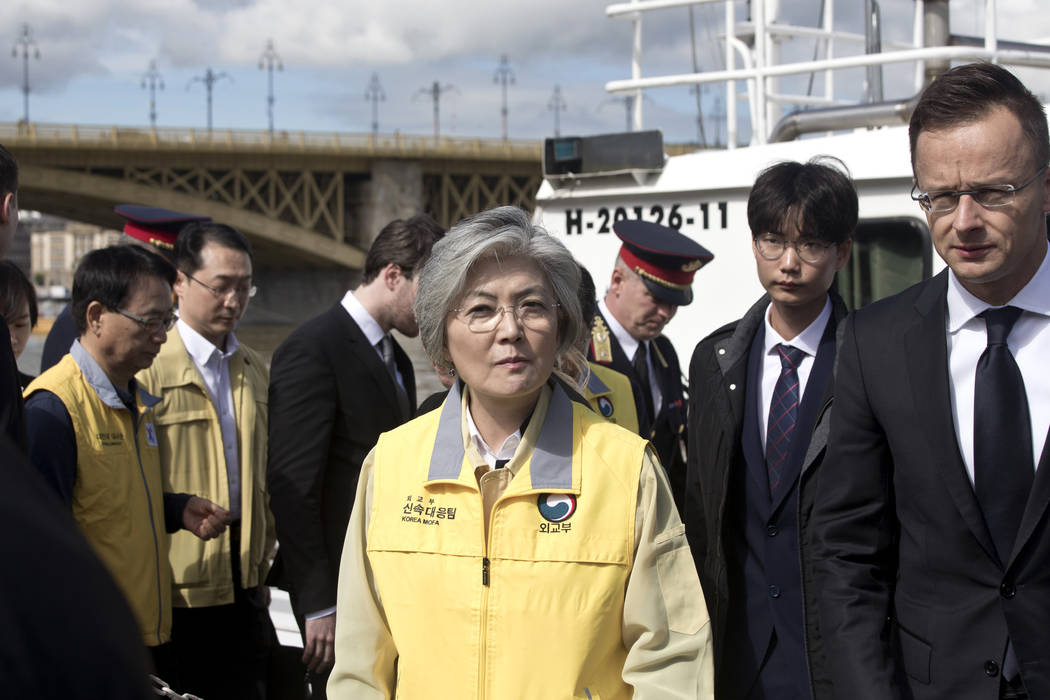 Kang Kyung-wha, center, foreign minister of South Korea, together with her Hungarian counterpar ...