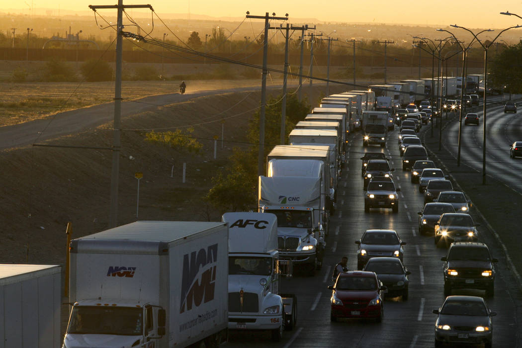 Trucks wait to cross the border April 9, 2019, with the U.S. in Ciudad Juarez, Mexico. In a su ...