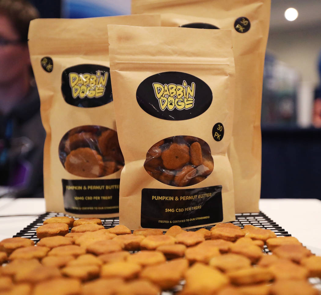 Dog treats are displayed at the Cannabis World Congress & Business Exposition trade show, T ...