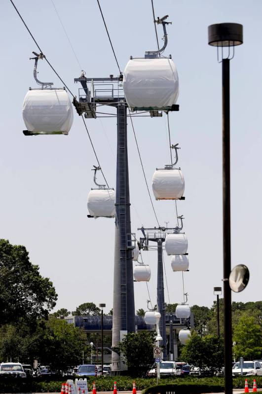 In this Tuesday, May 28, 2019 photo, gondolas covered in a protective wrap are tested while sti ...