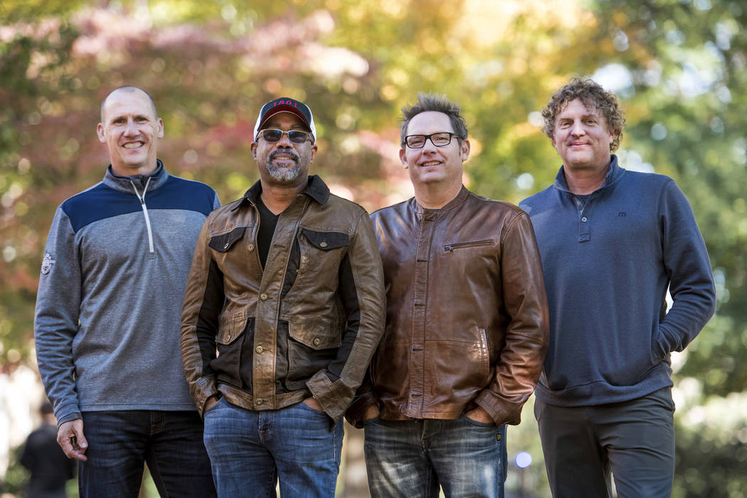 In this Nov. 16, 2018 photo, Jim Sonefeld, from left, Darius Rucker, Dean Felber, and Mark Brya ...