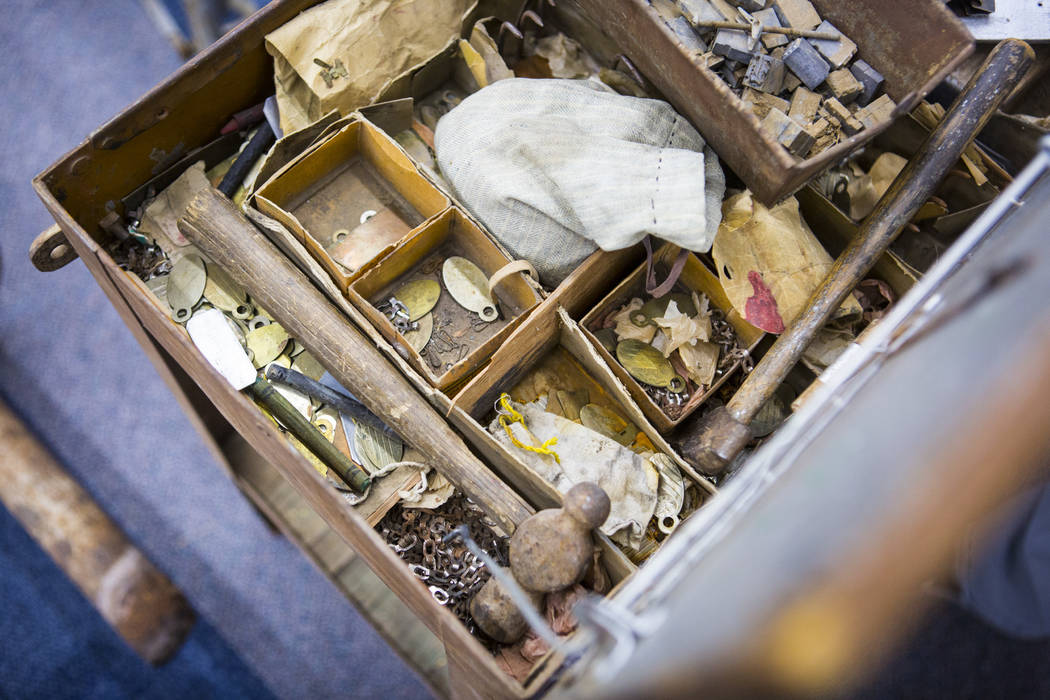 A variety of items are seen in a box from Walking Box Ranch, in Searchlight, at UNLV's Paradise ...