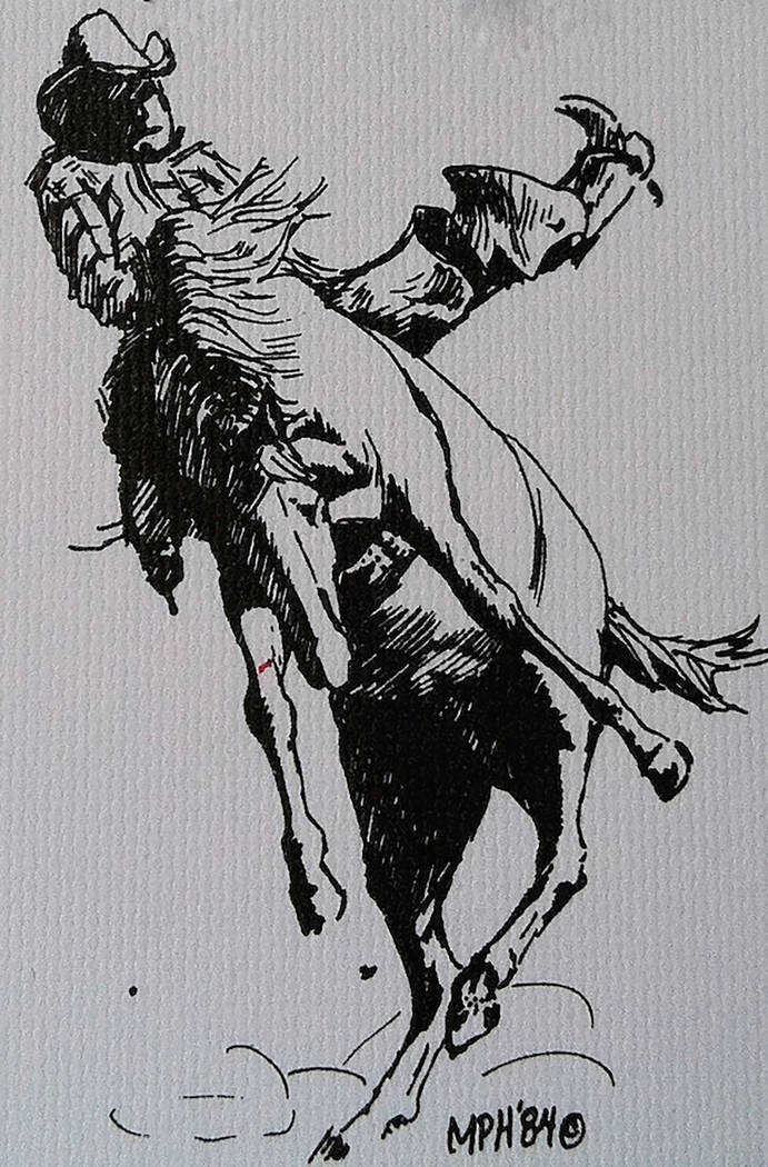 "Bronco" by Marion "Happy" Hoekenga (pen and ink) on display at Boulder City Art Guild Gallery.