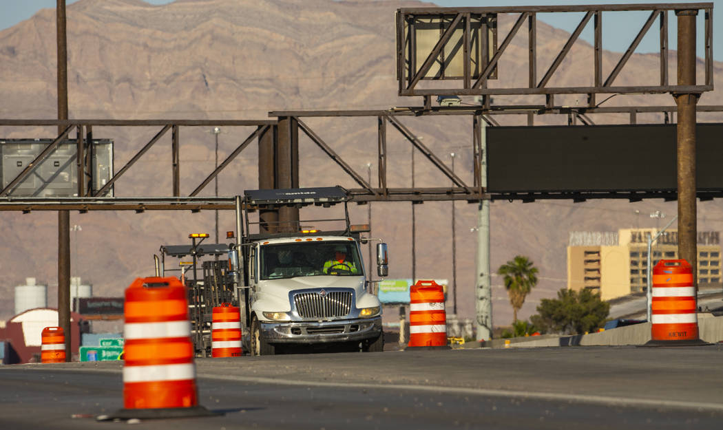 Traffic lanes are reduced on U.S. Highway 95 about Rancho Drive as paving efforts related to Pr ...