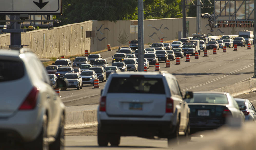 Traffic lanes are reduced on U.S. Highway 95 about Rancho Drive as paving efforts related to Pr ...