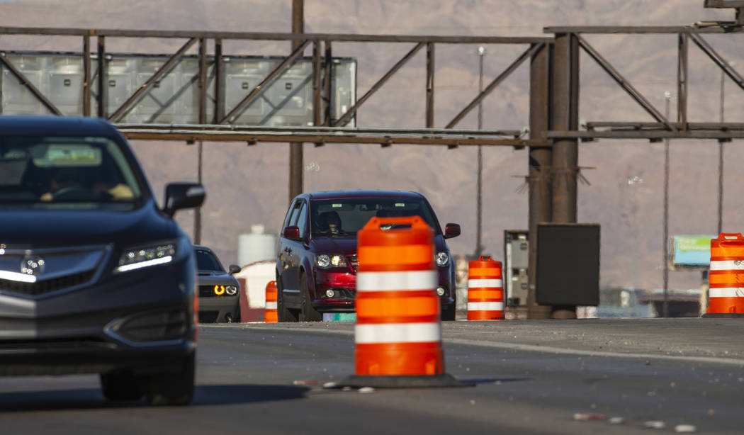 Traffic lanes are reduced on U.S. Highway 95 about Rancho Drive as paving efforts related to Pr ...