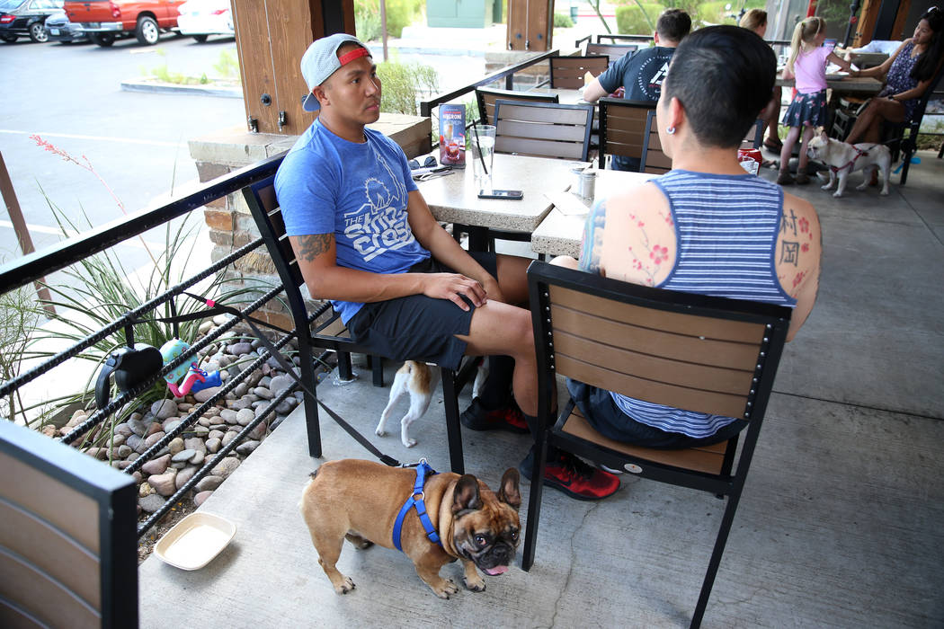 JR Echaluce, left, with his dogs Rafa, and Baeli, has lunch with his friend Brett Muraoka at La ...