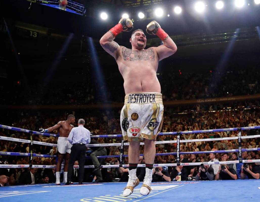 Andy Ruiz celebrates after stopping British boxer Anthony Joshua during the seventh round of a ...