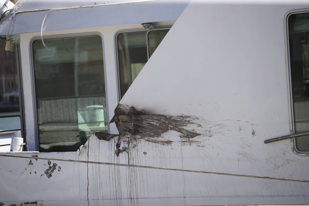 A partial view of the tourist boat that was struck by a cruise line ship in Venice, Italy, Sund ...