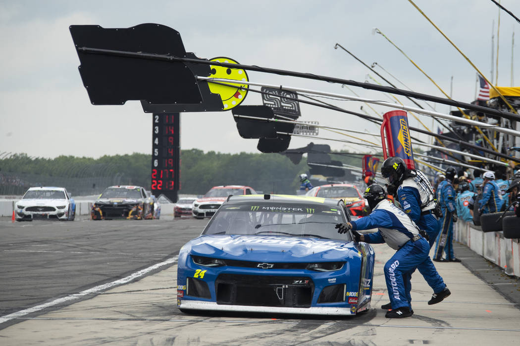 William Byron pits during a NASCAR Cup Series auto race at Pocono Raceway, Sunday, June 2, 2019 ...