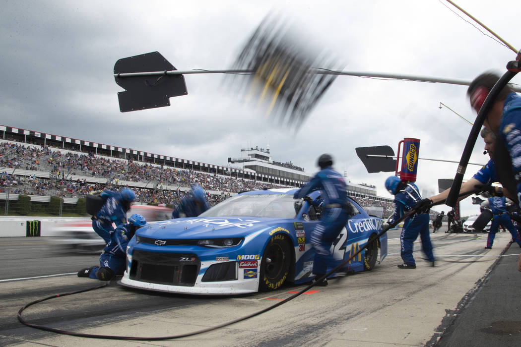 Kyle Larson pits during a NASCAR Cup Series auto race at Pocono Raceway, Sunday, June 2, 2019, ...