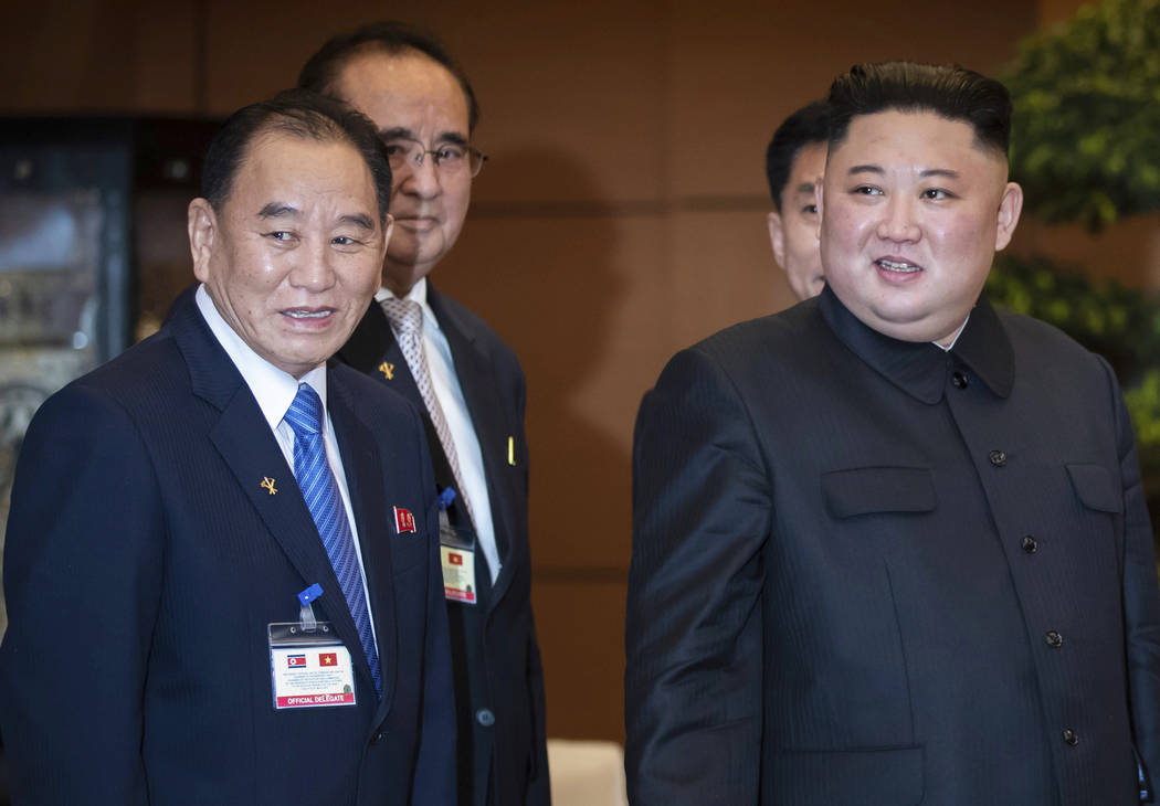 FILE - In this March 1, 2019, file photo, North Korean leader Kim Jong Un, right, accompanied b ...