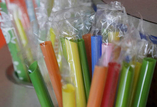 This July 17, 2018 file photo shows wrapped plastic straws at a bubble tea cafe in San Francisc ...