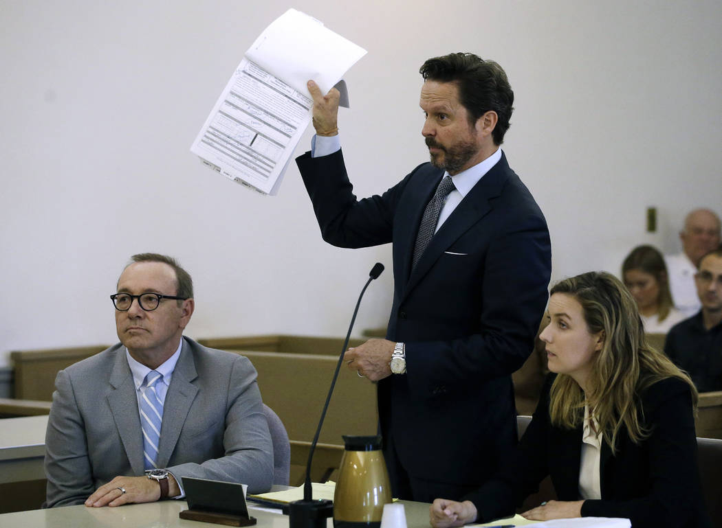 Actor Kevin Spacey, left, sits beside attorney Alan Jackson addressing the court in a pretrial ...