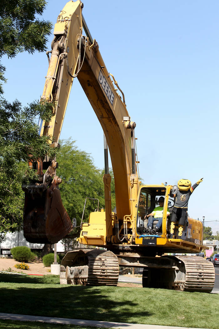 Vegas Golden Knights mascot Chance arrives at the Henderson Convention Center for a demolition ...