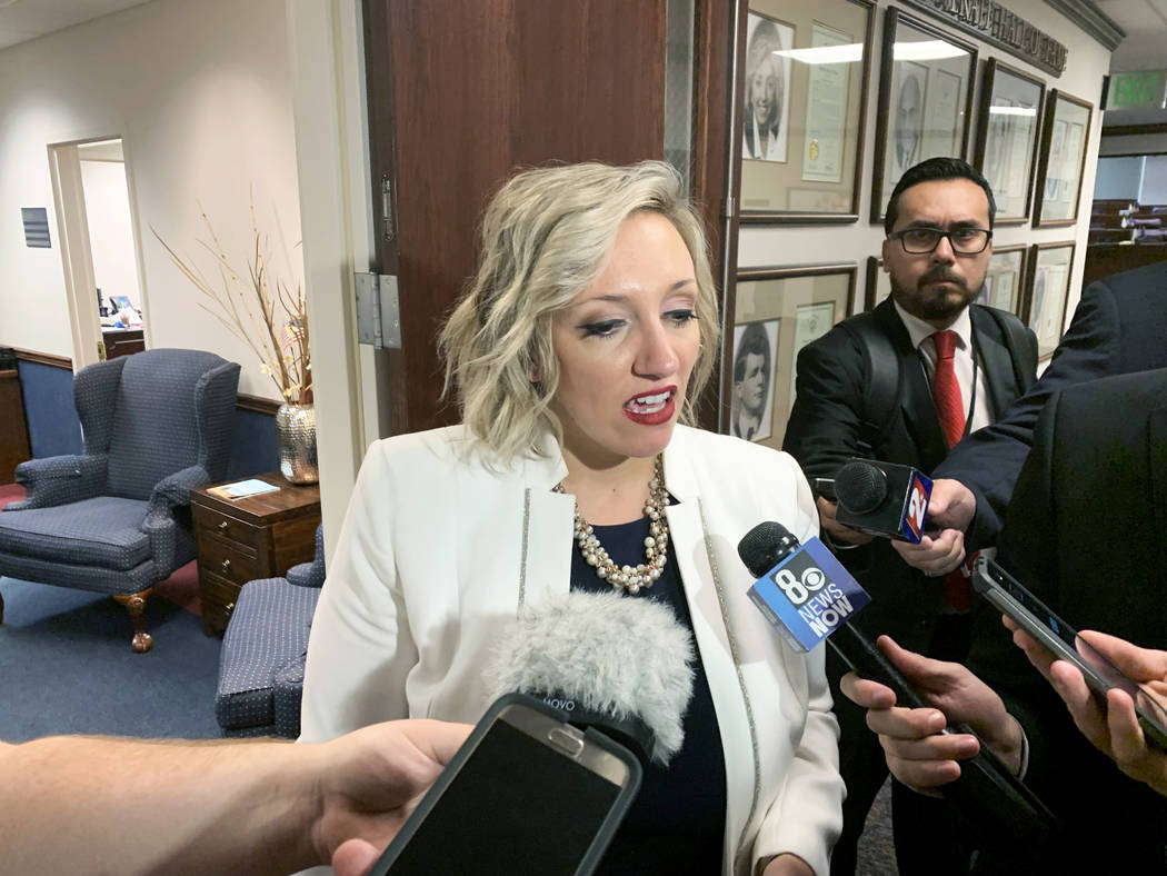 Senate Majority Leader Nicole Cannizzaro, D-Las Vegas, speaks to reporters after the Senate vot ...