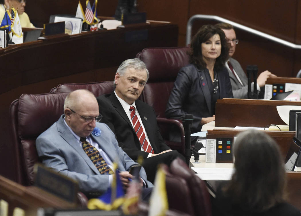 Nevada state senators listen as Senate Majority Leader Nicole Cannizzaro, D-Las Vegas, makes a ...