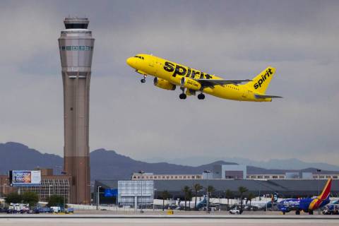 A Spirit Airlines aircraft takes off from McCarran International Airport on Tuesday, May 21, 20 ...