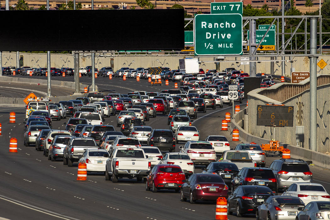 Traffic lanes are reduced on U.S. Highway 95 approaching Rancho Drive as paving efforts related ...