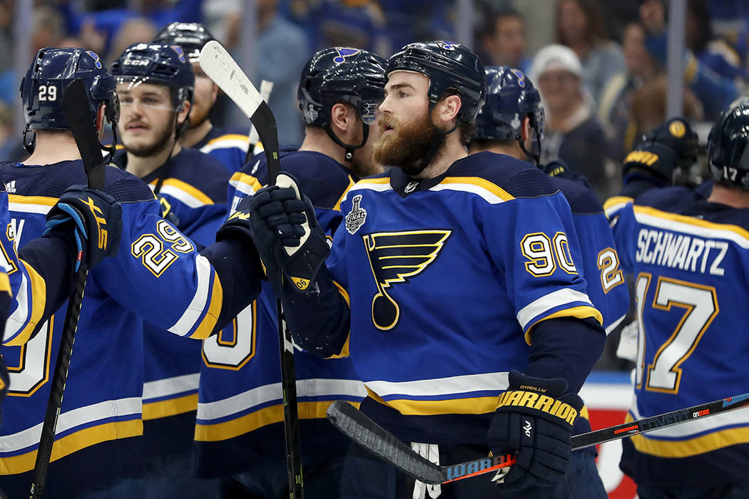 St. Louis Blues center Ryan O'Reilly (90) celebrates after the Blues beat the Boston Bruins in ...