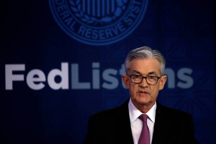Federal Reserve Chairman Jerome Powell speaks at a conference involving its review of its inter ...