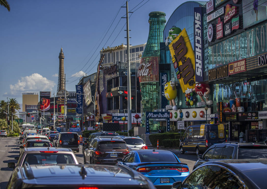 Traffic is backed up heading north on Las Vegas Boulevard on Wednesday, June 5, 2019, in Las V ...