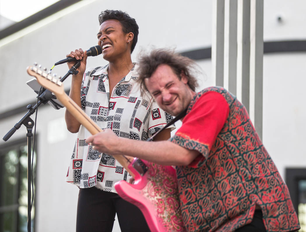 Byana Hinton, left, performs with Dylan Meistrich during First Friday's "Beat Street" ...