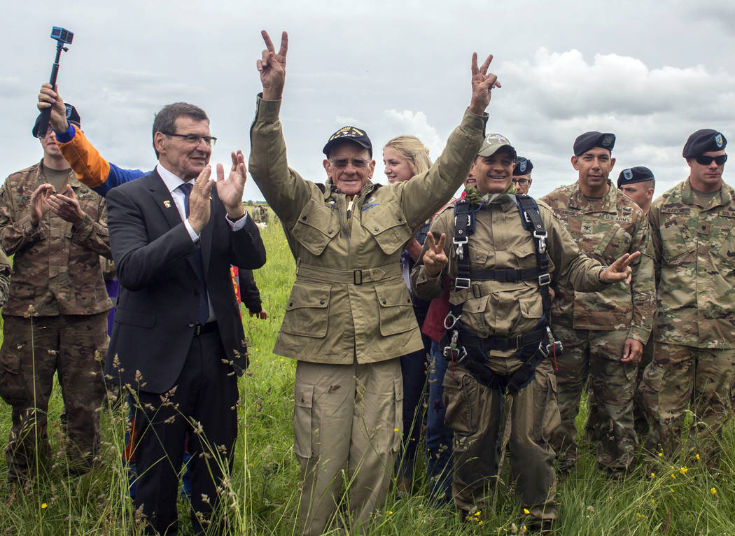 U.S. World War II D-Day veteran Tom Rice, from Coronado, CA, after parachuting in a tandem jump ...