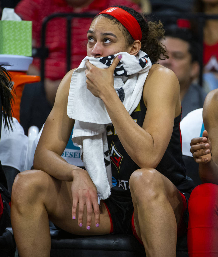 Las Vegas Aces forward Dearica Hamby (5) is a bit concerned while on the bench versus the Conne ...