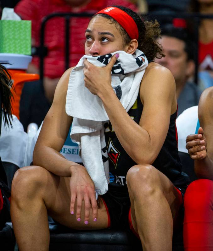 Las Vegas Aces forward Dearica Hamby (5) is a bit concerned while on the bench versus the Conne ...