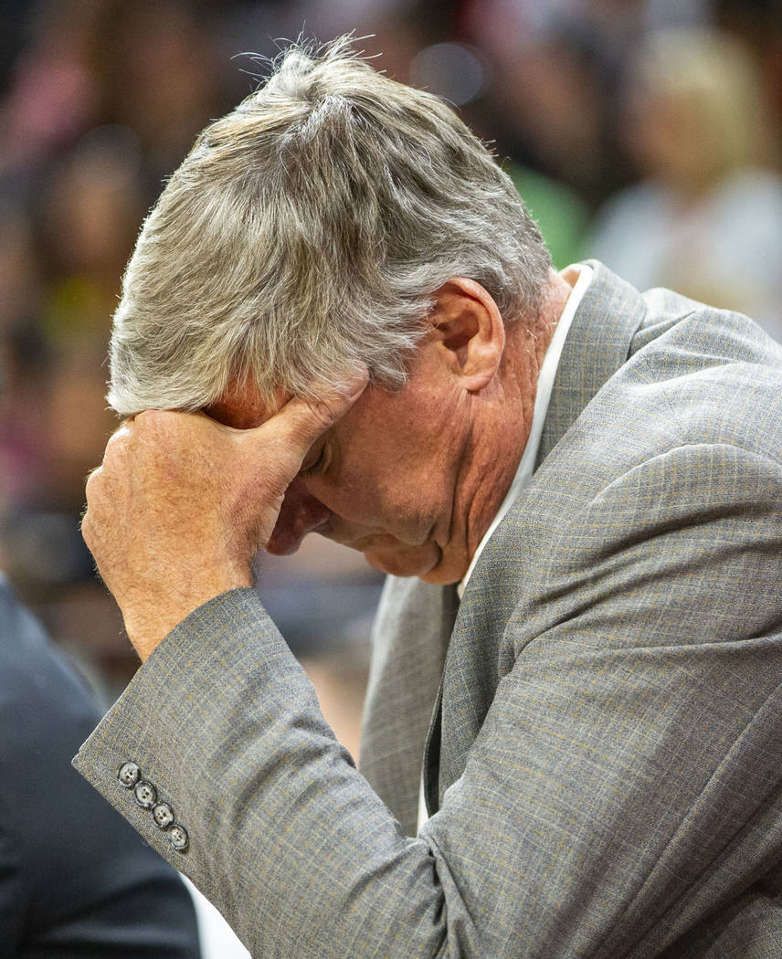 Las Vegas Aces head coach Bill Laimbeer is a bit frustrated during the first quarter of a WNBA ...