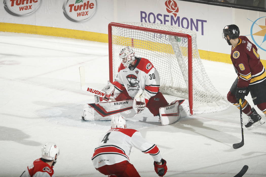 Charlotte Checkers goaltender Alex Nedeljkovic makes a save Wednesday, June 5, 2019, during Gam ...