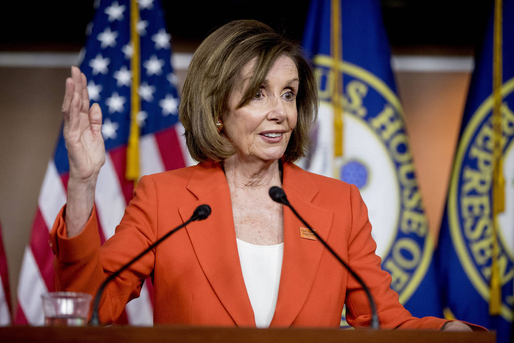 House Speaker Nancy Pelosi of Calif. meets with reporters at the Capitol in Washington, Wednesd ...