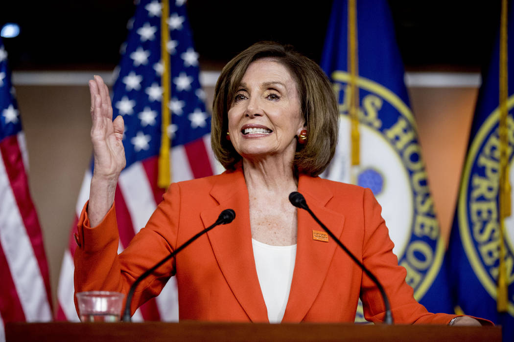 House Speaker Nancy Pelosi of Calif. meets with reporters at the Capitol in Washington, Wednesd ...