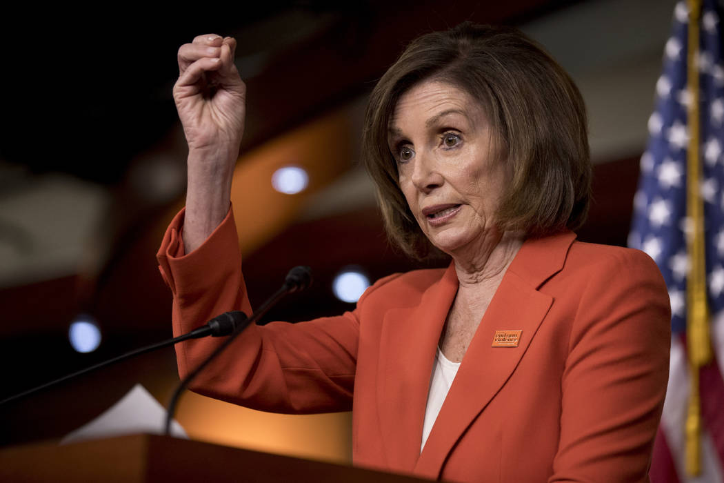 In this June 5, 2019, photo, House Speaker Nancy Pelosi of Calif., speaks to reporters at the C ...