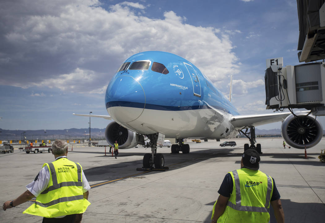KLM Royal Dutch Airlines flight 635 taxis to its gate at McCarran International Airport on Thur ...