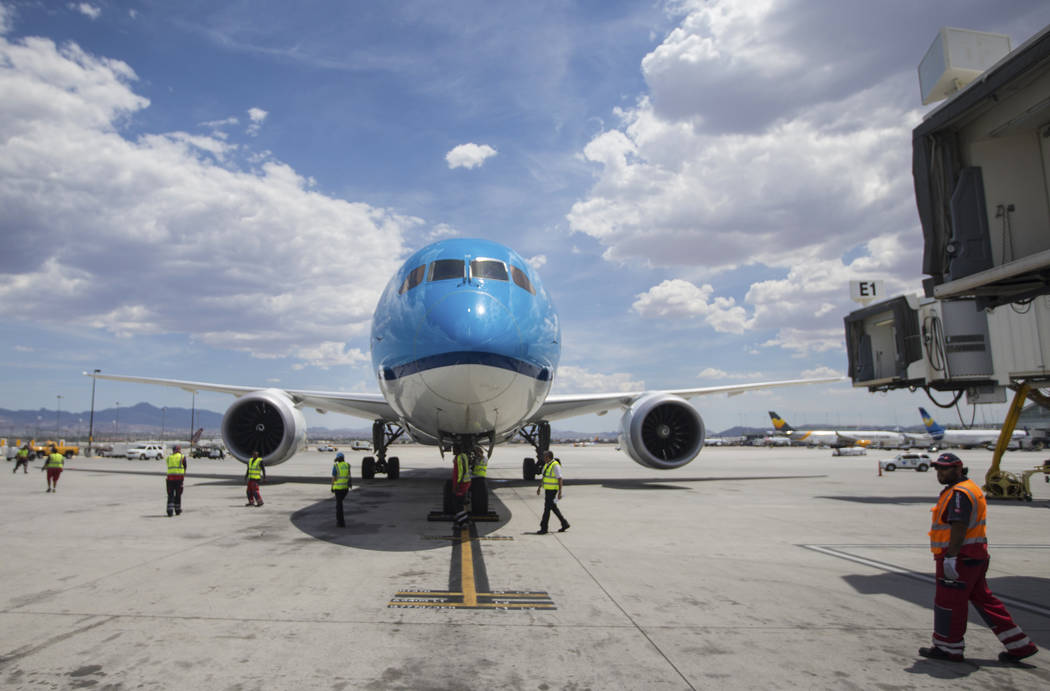 KLM Royal Dutch Airlines flight 635 taxis to its gate at McCarran International Airport on Thur ...