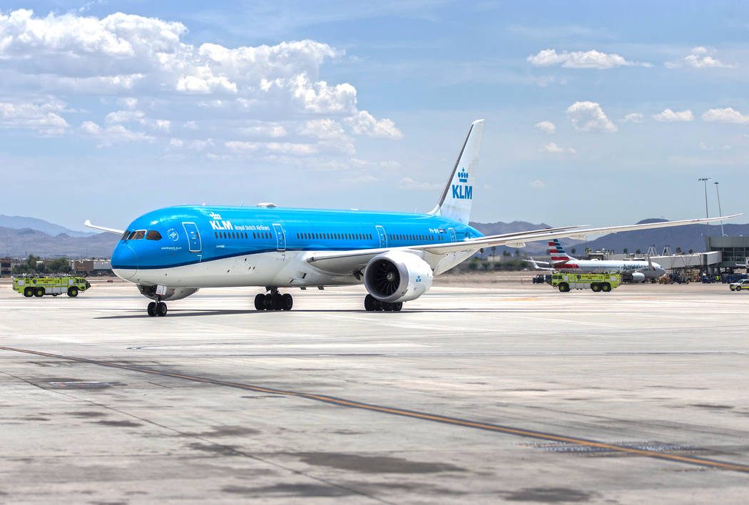 KLM Royal Dutch Airlines flight 635 taxis to its gate at McCarran International Airport on Thur ...