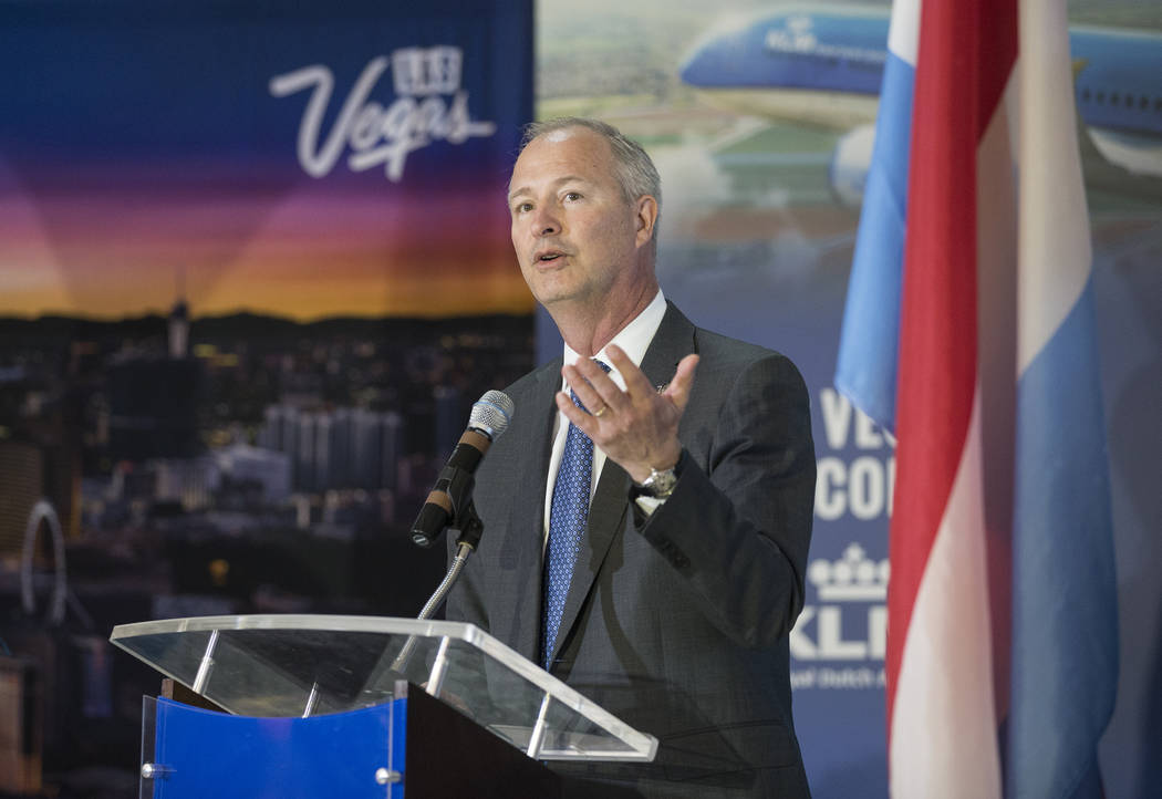 Steve Hill, President and CEO of Las Vegas Convention and Visitors Authority, address the crowd ...