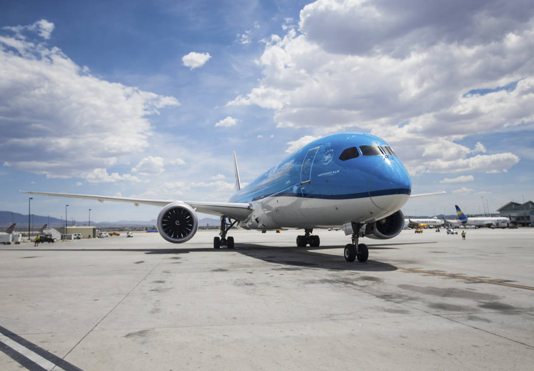 KLM Royal Dutch Airlines flight 635 taxis to its gate at McCarran International Airport on Thur ...