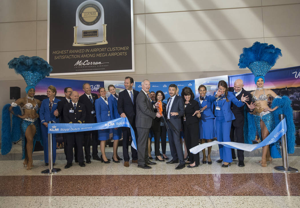 The ribbon is cut celebrating the first direct KLM Royal Dutch Airlines flight from Amsterdam t ...