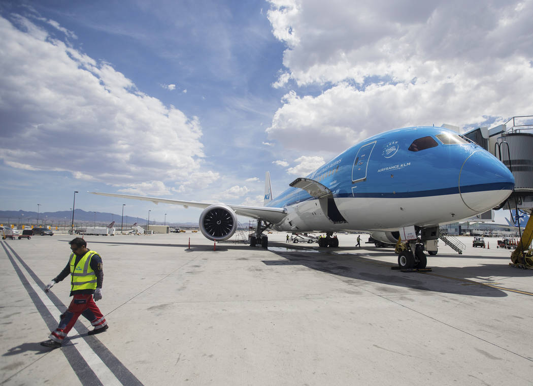 KLM Royal Dutch Airlines flight 635 taxis to its gate at McCarran International Airport on Thur ...