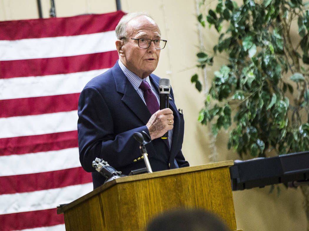 Former U.S. Senator and Nevada Gov. Richard Bryan speaks during a ceremony commemorating the 75 ...
