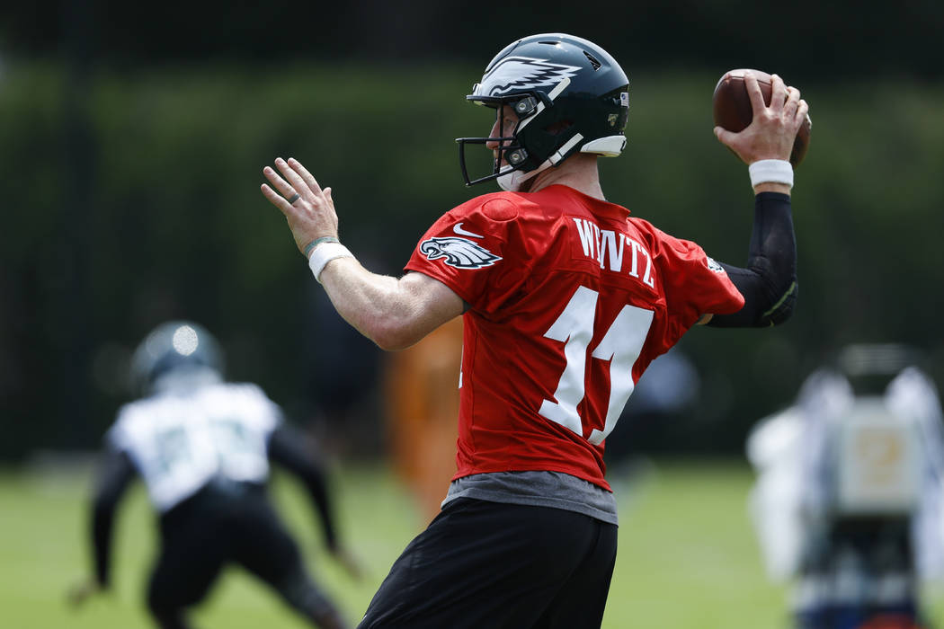 Philadelphia Eagles' Carson Wentz participates in a drill during organized team activities at t ...