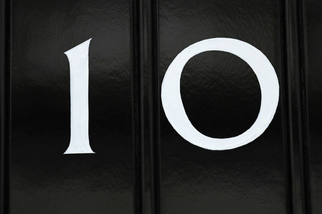 A close-up of the door number on 10 Downing Street, in London, Friday, June 7, 2019. Prime Mini ...