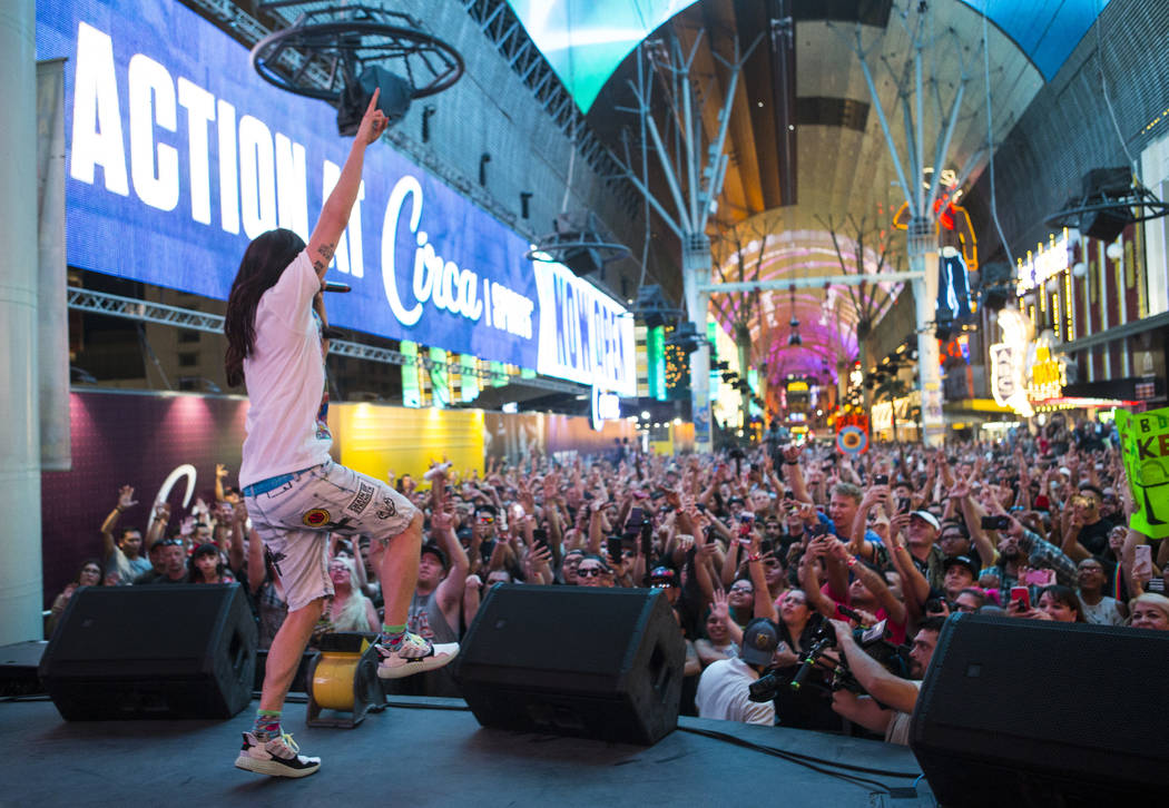 Steve Aoki performs on the Main Street Stage at the Fremont Street Experience after the debut o ...