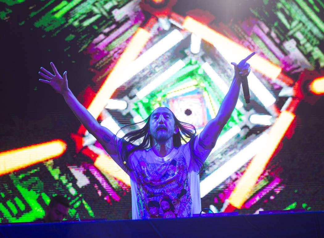 Steve Aoki performs on the Main Street Stage at the Fremont Street Experience after the debut o ...