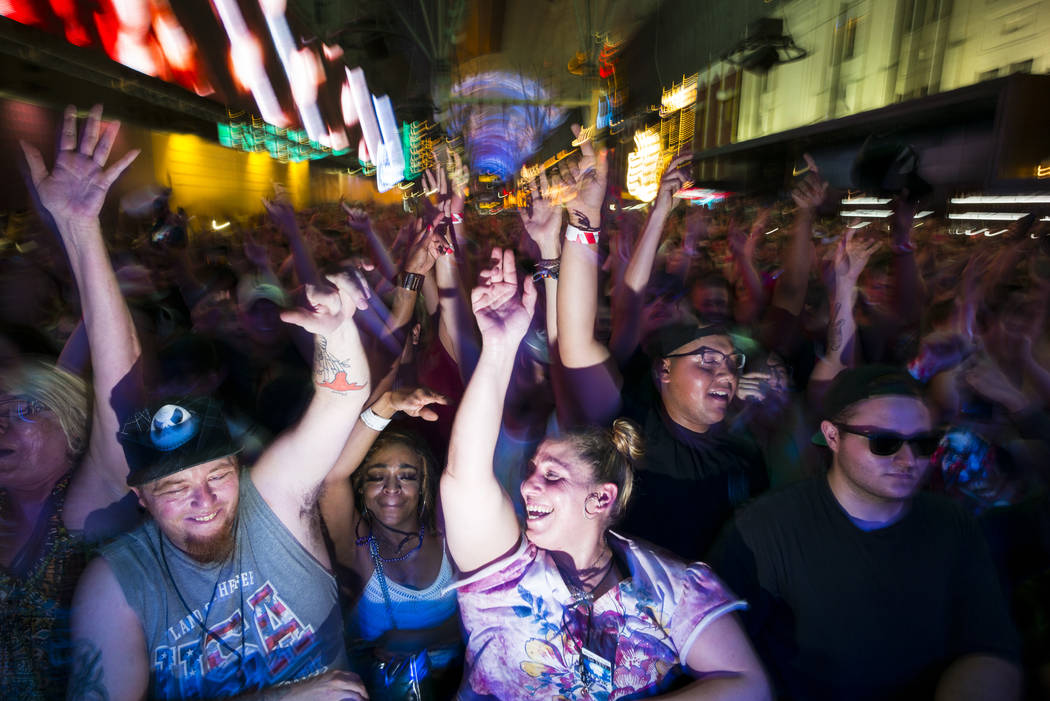 Steve Aoki performs on the Main Street Stage at the Fremont Street Experience after the debut o ...