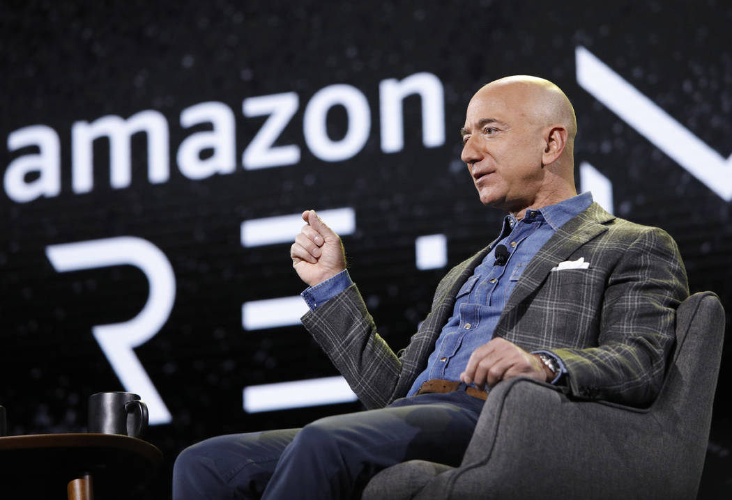 Amazon CEO Jeff Bezos speaks at the the Amazon re:MARS convention, Thursday, June 6, 2019, in L ...